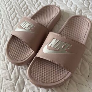 Nike Blush Pink Slide Sandals with Silver Logo